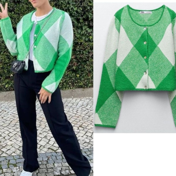 🔥 Zara Argyle Jacquard Knit Cardigan Bloggers Favorite Size M - Picture 10 of 14